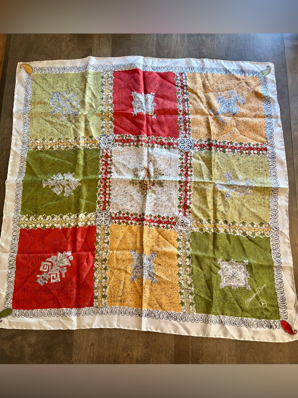Vintage Mercedes Benz 100% Silk Old Money Patchwork Square Scarf, 31” x 31”